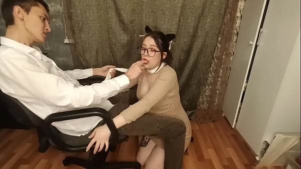 My submissive, pregnant wife on a leash sucks my fingers